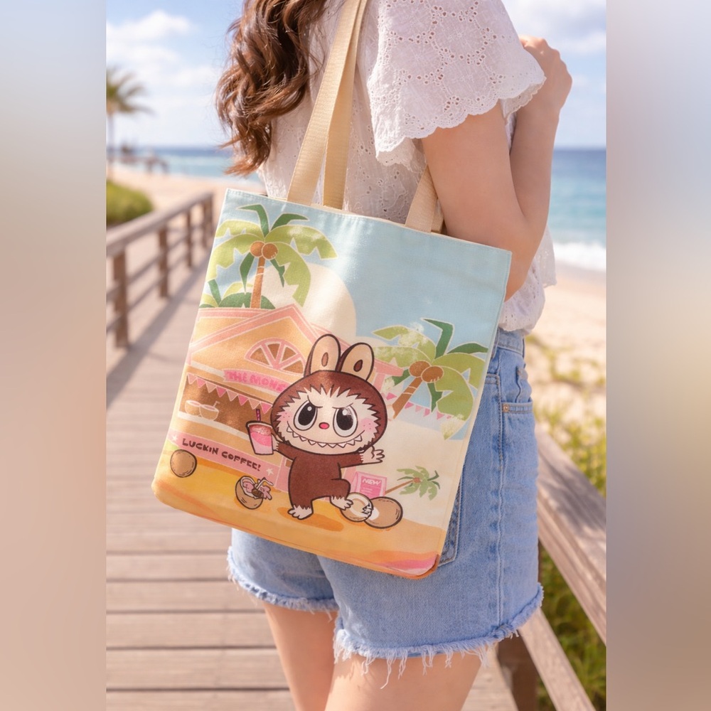 Cute Cartoon Labubu Character Graphic Tote Bag Tropical Scene